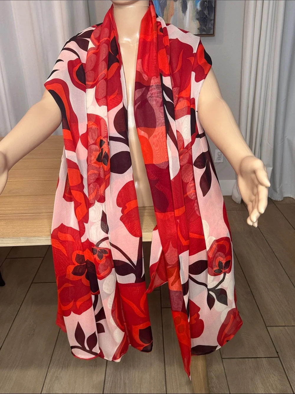 HARARI Oversized 100% Silk Floral Scarf Wrap Shawl Red Pink 84” x 42” USA